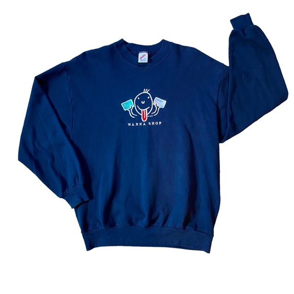 Vintage Tops - Vintage 1995 “Wanna Shop” Navy Blue Jerzees Sweatshirt